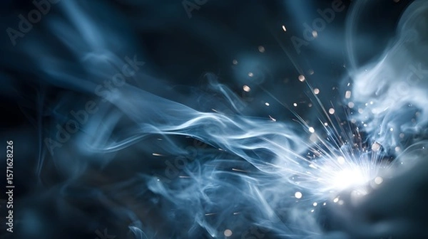 Fototapeta Macro Photographic Depiction of Gas Metal Arc Welding: Radiant Sparks, Glowing Light Patterns, and Soft Smoke Plumes in an Economical MIG Process