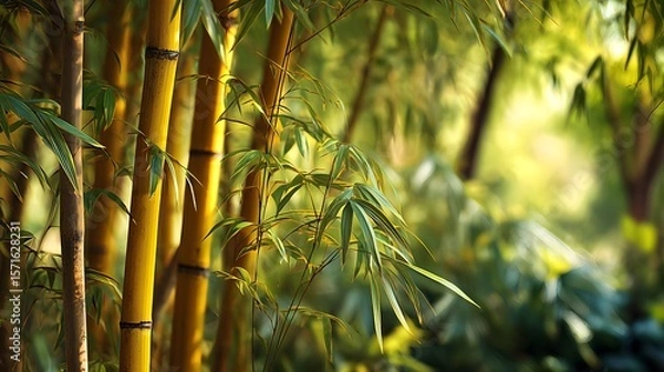 Fototapeta High-resolution serene capture of Phyllostachys aurea bamboo with selective focus, illuminating yellow trunks and tranquil garden foliage for natural elegance