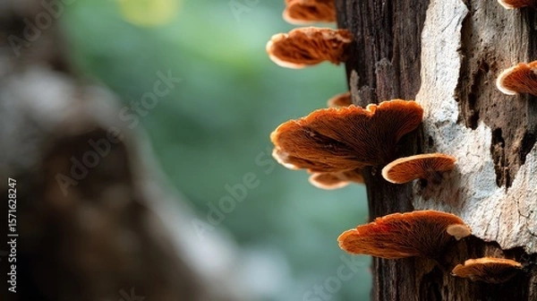 Fototapeta Hyper-detailed Illustration of Bracket Fungi on a Decaying Tree Trunk in a Tranquil Forest Park Setting