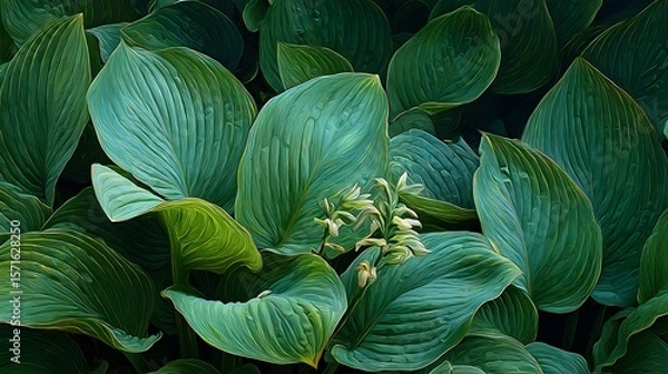 Fototapeta Intricately Detailed Garden Display Featuring Hostas and Plantain Lilies with Radiant Natural Foliage and Fine Artistic Light