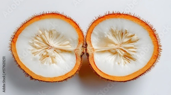Fototapeta Intricate Top Down Photography of a Halved Santol Fruit Emphasizing White Pulp and Tropical Details on a Pristine White Background with Isolated Cut-Out Technique