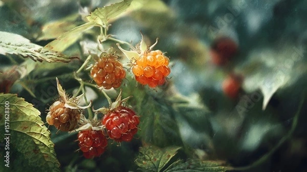 Fototapeta Intricate Watercolor Illustration of Salmonberries with Natural Wild Bush and Soft Morning Light Emphasizing Vibrant Botanical Details