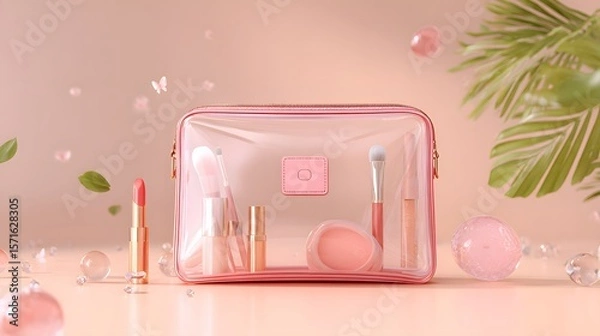Fototapeta Artistic Digital Concept Illustration of a Trendy Pink Clear Plastic Zippered Pouch Featuring Organized Cosmetics and Travel Items with Minimalist and Pastel Aesthetic