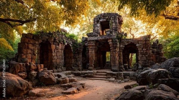 Fototapeta Dramatic Journey into Secluded Ta Muean Thom Ruins: Stone Structures and Carved Artifacts Echoing the Timeless Legacies of an Ancient Border