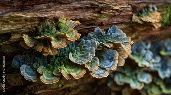 Fototapeta Hyper-detailed Illustration of Bracket Fungi on a Decaying Tree Trunk in a Tranquil Forest Park Setting