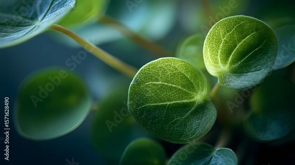 Fototapeta A detailed aerial exploration of the delicate Pilea repens plant showcasing its vibrant textures, soft lighting and natural elegance as a piece of botanical art visualized from an overhead perspective