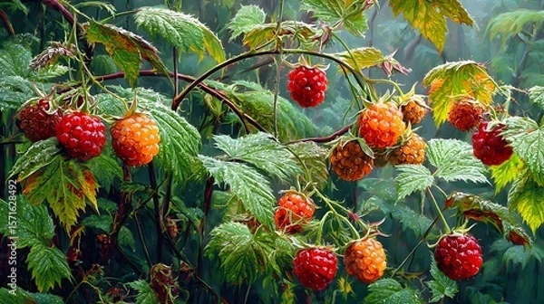 Fototapeta Hyperrealistic Digital Painting of Salmonberries Bush in a Dew-Covered Forest Clearing Illuminated by Luminous Ambient Light
