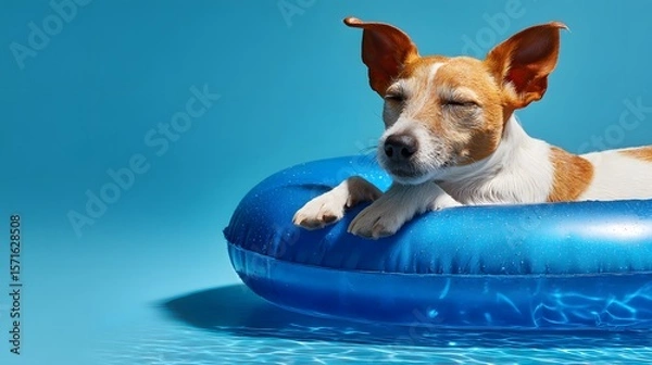 Fototapeta Delightful summer portrait featuring a joyful canine puppy on a striking blue inflatable accentuated by a calm blue backdrop exuding leisure and contentment