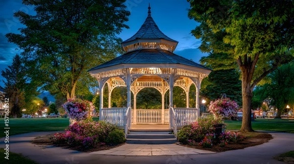 Fototapeta Intricate Octagonal Gazebo Structure Amidst a Serene Park with Turret Elements and Twilight Illumination Emphasizing Architectural Elegance
