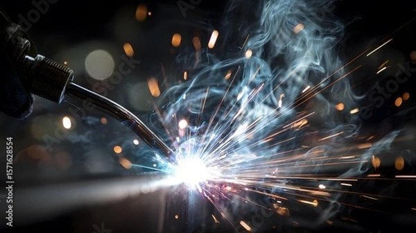 Fototapeta Detailed Close-Up Industrial Gas Metal Arc and MIG Welding Process with Dynamic Sparks, Light, and Smoke in High-Speed Operation