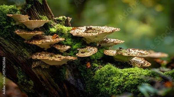 Fototapeta Intricately Detailed Polypores and Bracket Fungi Displaying Natural Decay on a Rustic Tree in Pishiobury Park