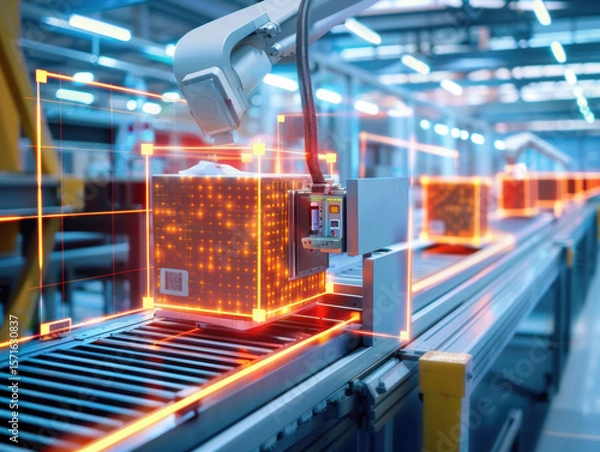 Obraz 3D depth camera system analyzing randomly placed items in bins, point cloud visualization overlay, robotic workspace, advanced computer vision technology, technical documentation style