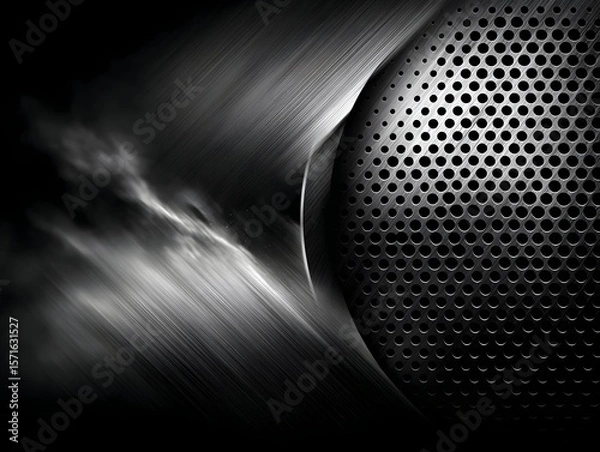 Fototapeta Perforated metal sphere, abstract motion blur background, dark design, tech website