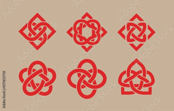 Fototapeta Collection of six intricate red celtic knot designs on a textured beige background