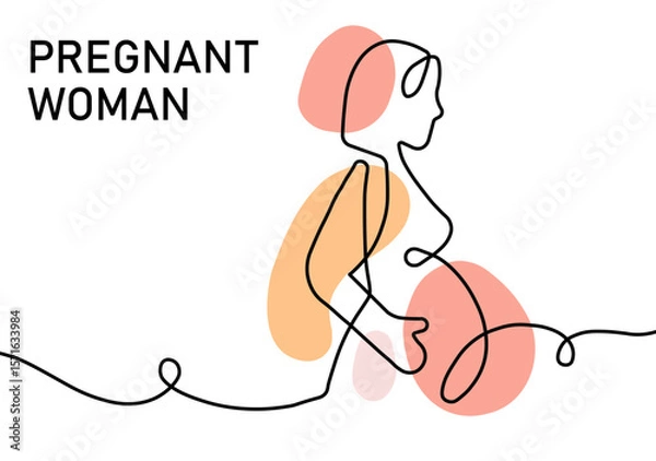 Fototapeta A minimalist line drawing of a pregnant woman featuring modern abstract shapes and neutral tones. Represents motherhood, maternity, and health, designed in a contemporary artistic style.
