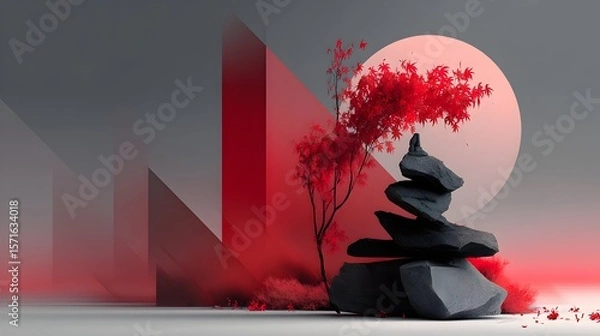 Fototapeta Red tree, stacked stones, minimalist backdrop, zen garden scene, website banner