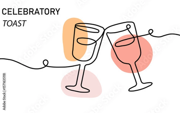 Obraz Minimal artistic illustration of two wine glasses clinking for a toast concept. An abstract continuous line technique highlights the celebratory nature, complemented with soft colored organic shapes.