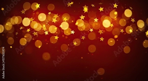 Fototapeta Festive Red and Gold Holiday Background with Bokeh and Star Confetti.