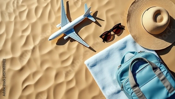 Obraz Flat lay of beach essentials on golden sand with wide-rim hat, sunglasses, body towel, and travel bag, airplane flying overhead in clear blue sky.