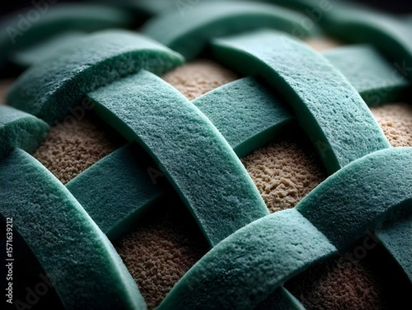 Fototapeta Teal woven sphere texture, close-up, dark background, product design