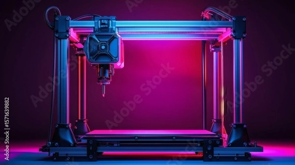 Fototapeta A modern 3D printer illuminated with neon light against a dark background. This image highlights the technological sophistication of additive manufacturing