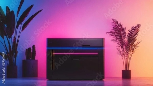 Fototapeta Modern technology aesthetic with plants and color lights. A sleek black device is set against a vibrant gradient background, enhanced by lush plants, creating a fusion of technology and nature
