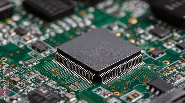 Fototapeta Processor with integration AI. AI Letters on chip. CPU connected to data storage. Artificial intelligence technology in electronic chip. Data processing by artificial intelligence chip. AI hardware.