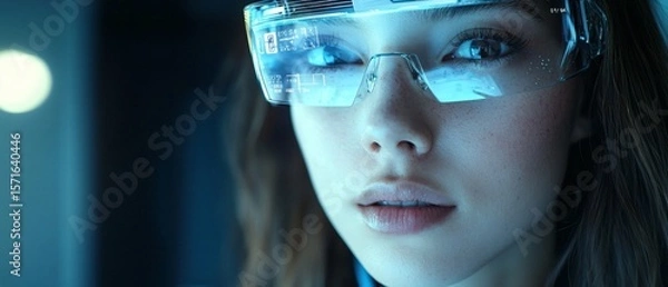 Fototapeta A woman wearing futuristic glasses with a focused expression. The futuristic glasses display data, suggesting advanced technology and a sense of the future