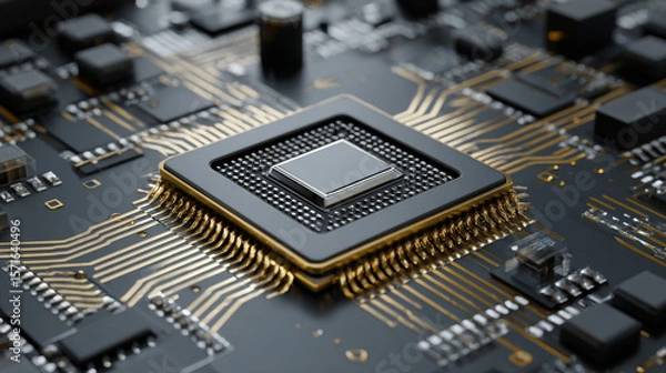 Fototapeta Processor with integration AI. AI Letters on chip. CPU connected to motherboard . Artificial intelligence technology in electronic chip on pcb board. Hardware tech conceptual background. 3d Vector.