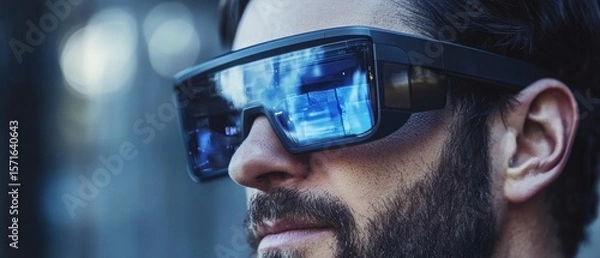 Fototapeta A close-up shot of a man wearing futuristic smart glasses, with a reflection of the urban landscape in their lenses. The glasses have a sleek design