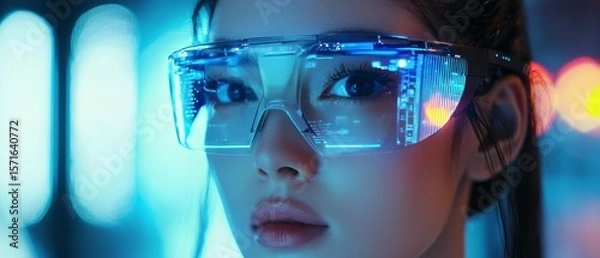 Fototapeta A futuristic woman wearing advanced tech glasses with a focus on technology and innovation