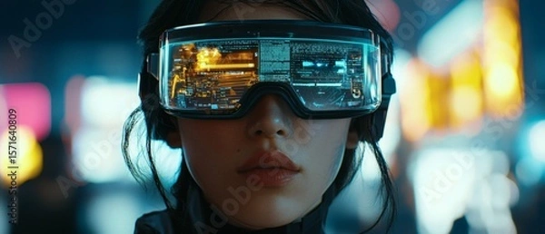 Fototapeta A futuristic portrait of a person wearing virtual reality glasses, surrounded by a city with bright lights. The person seems immersed in a digital world, expressing curiosity and anticipation.