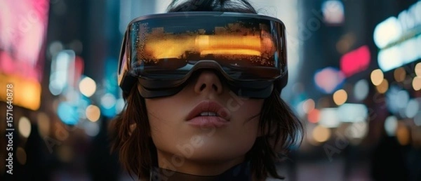 Fototapeta A person immersed in a virtual reality environment, wearing a VR headset and looking ahead. The headset's visor reflects an environment