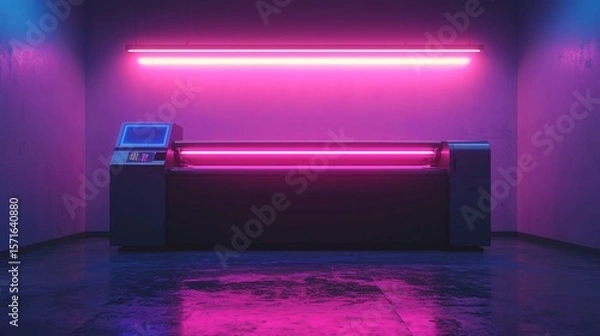 Fototapeta A modern printing machine glowing in the neon light of a room. The scene has a cyberpunk vibe with a unique aesthetic.