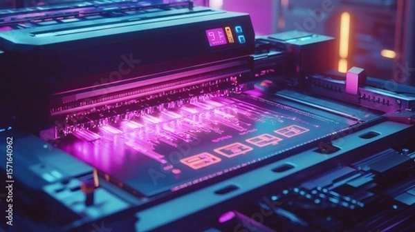 Fototapeta A futuristic print machine in a dimly lit environment. The machine's printing process emits a vibrant purple glow.