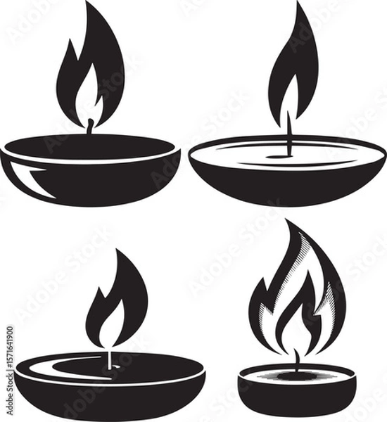 Fototapeta Four Stylized Black Candle Silhouettes with Bowl-Shaped Wicks and Flames Overhead View Symmetrical Graphic Icons Vector illustrations 