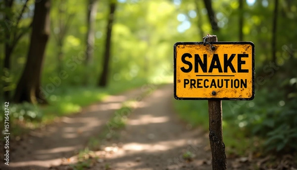 Fototapeta Warning sign for snake precaution on forest path with green trees in background
