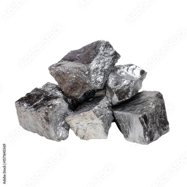 Fototapeta A pile of shiny aluminum ore rocks showcasing their natural, reflective surfaces and solid textures. Ideal for geological study and mineral collection isolated on white background 