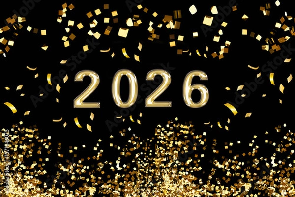 Obraz A 3D illustration of "Happy New Year 2026" with shiny gold confetti on a black background.