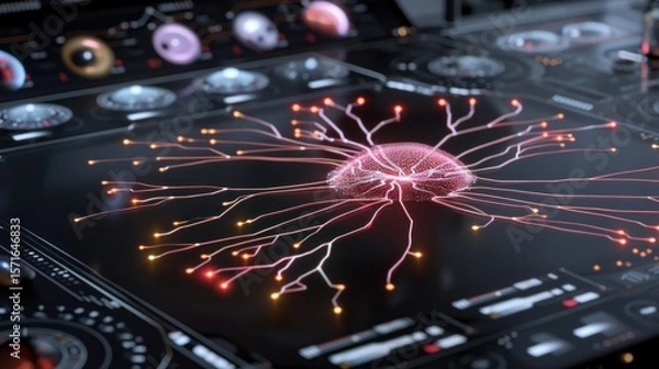Fototapeta Futuristic control panel with digital brain display, showcasing advanced technology and complex data visuals.