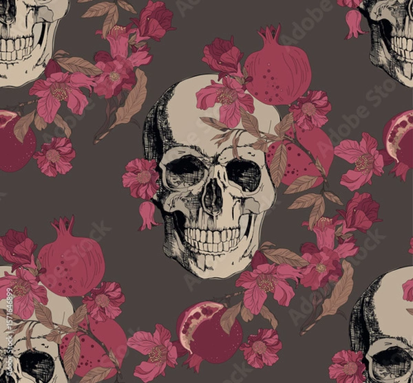 Obraz Skull and flowers, leaves and pomegranate fruits, on a brown background.Typographic graphics and seamless pattern.
