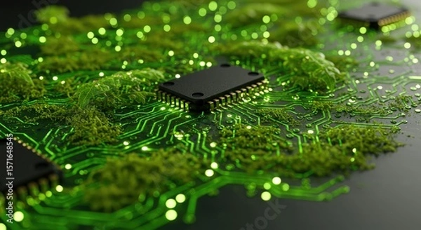 Fototapeta Sustainable Green Technology Background with Leaf Circuit Board.