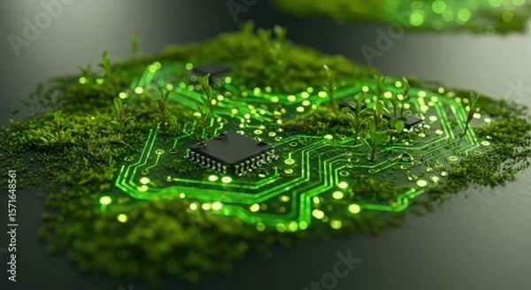 Fototapeta Sustainable Green Technology Background with Leaf Circuit Board.