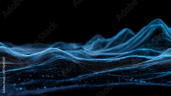 Obraz Image of horizontal lines of blue particles and undulating 3d landscape on black background. Communication technology, abstract digital interface background concept digitally generated image.