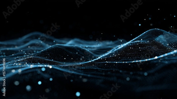 Obraz Image of horizontal lines of blue particles and undulating 3d landscape on black background. Communication technology, abstract digital interface background concept digitally generated image.