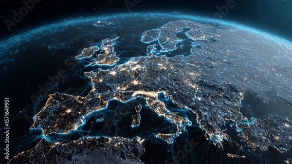 Obraz dynamic digital world map emphasize Western Europe continental  for AI powered global network connectivity big data transfer cyber technology network information exchange and telecommunication conc