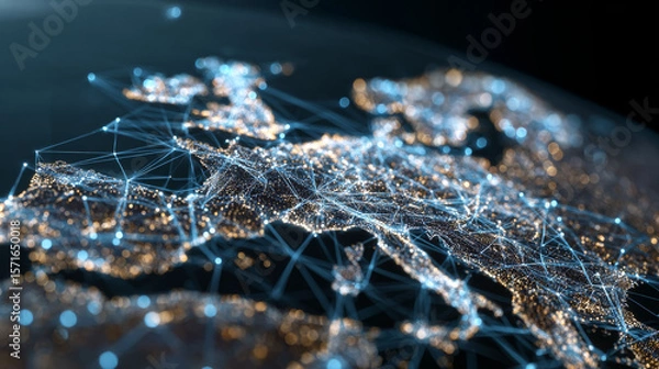 Obraz dynamic digital world map emphasize Western Europe continental  for AI powered global network connectivity big data transfer cyber technology network information exchange and telecommunication conc