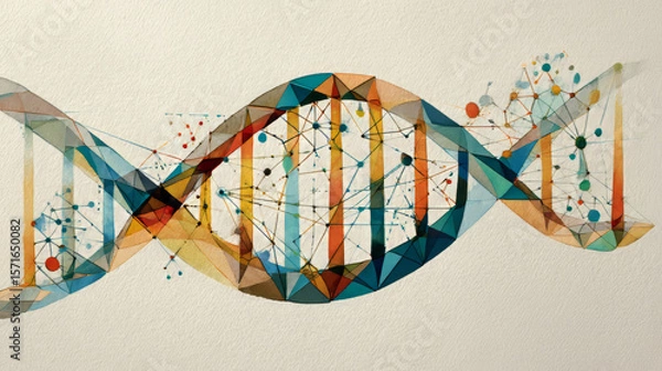Obraz Scientific and technological background. An image of a DNA molecule with a wave of a geometric shape. Hand drawn vector.