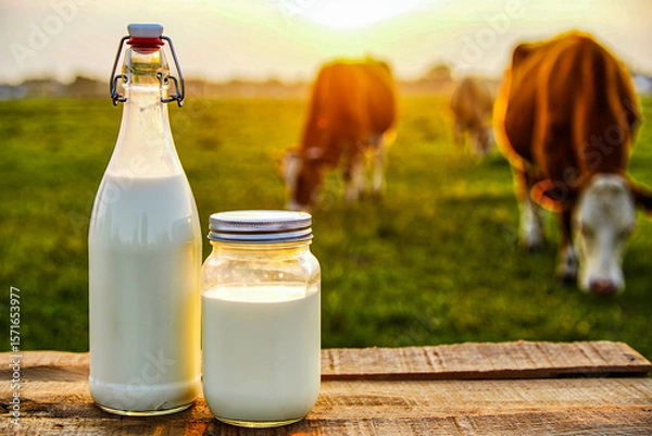 Fototapeta Fresh milk in glass bottles on wooden table with cows grazing in the background at golden hour light