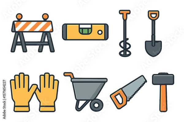 Fototapeta Modern construction tool set. simple shovel, saw, gloves, hammer, wheelbarrow vector icons.